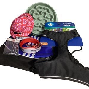 Pet Dog Mixed Accessories Lot of 6, Slow Feed Bowl Leash Harness Hat Adidas Bag